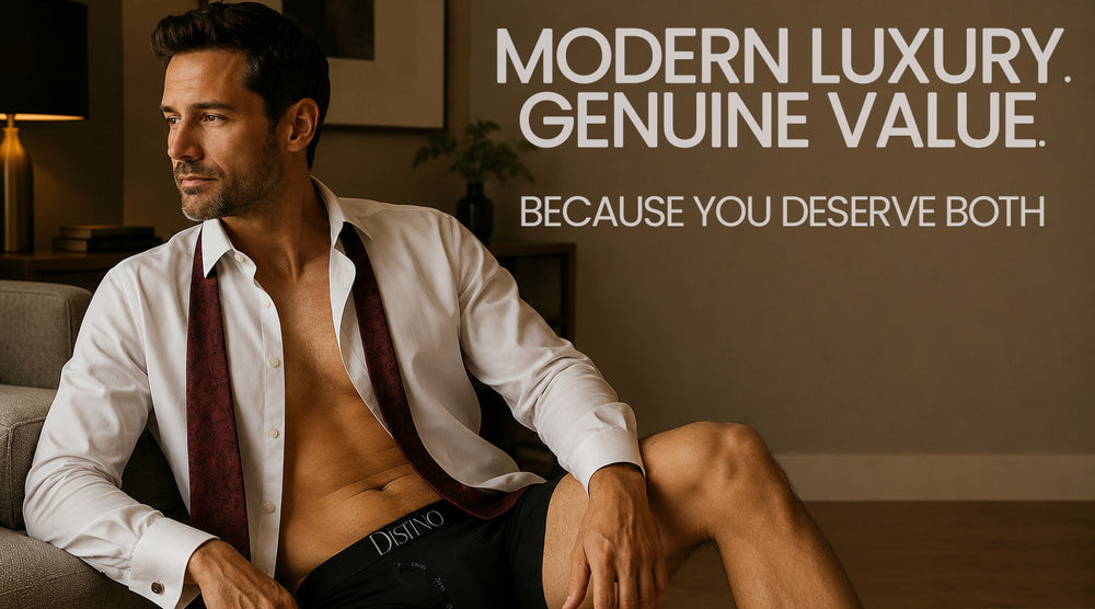 Man in a suit with shirt open, sitting on a couch with text about modern luxury and genuine value.