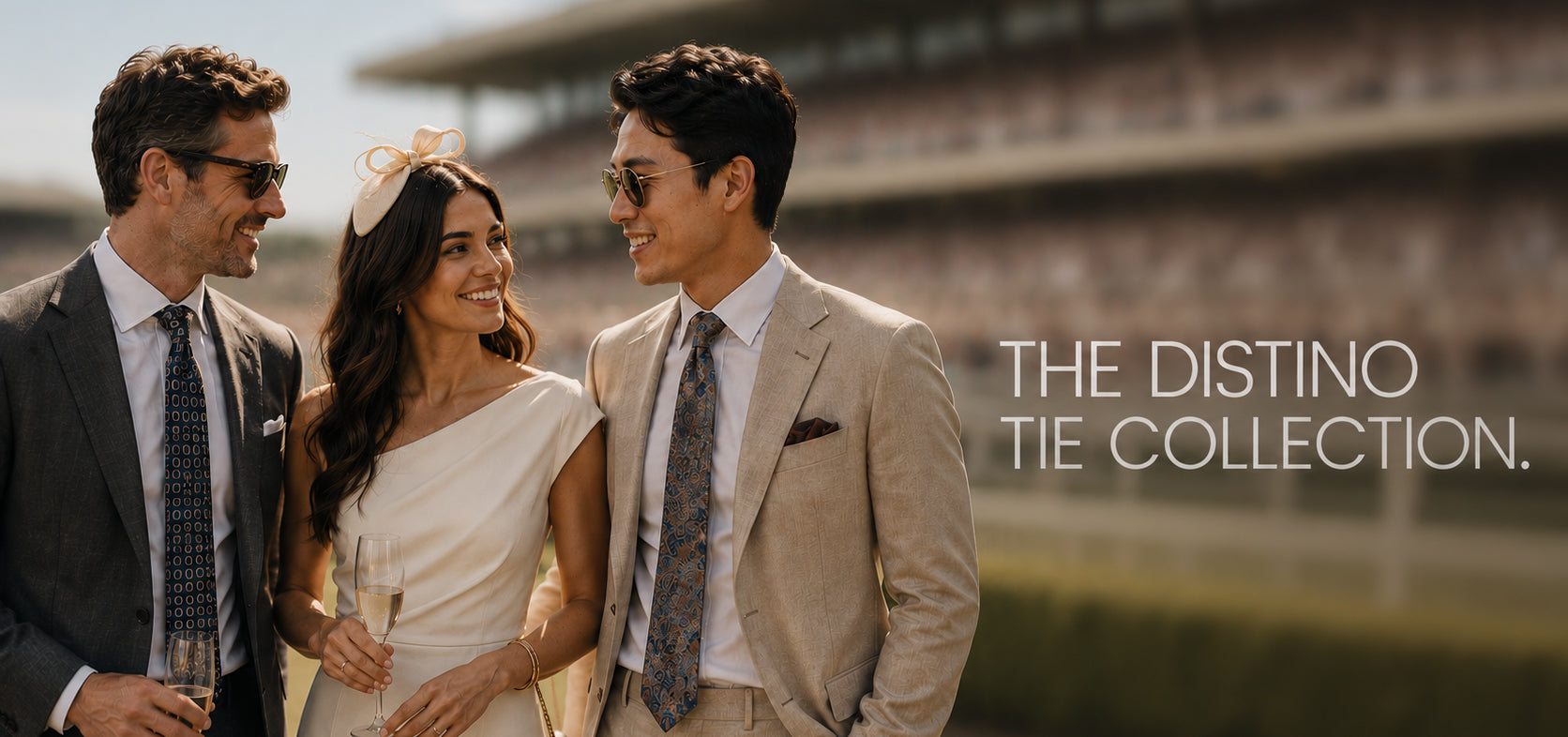 Three people in formal attire standing together with a blurred background, featuring 'The Distino Tie Collection' text.