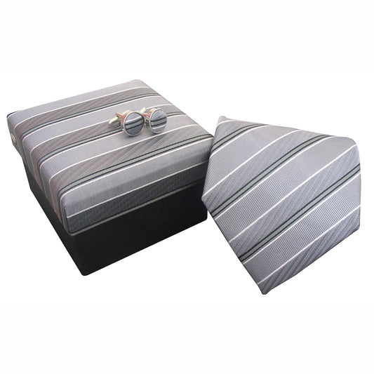 “SHADES OF GREY” SILK NECK TIE, MATCHING CUFFLINKS & GIFT BOX