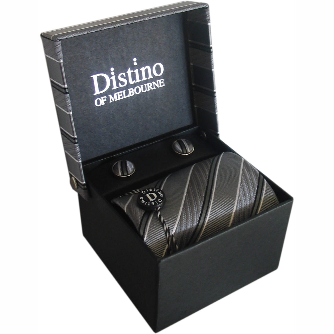 “SHADES OF GREY” SILK NECK TIE, MATCHING CUFFLINKS & GIFT BOX