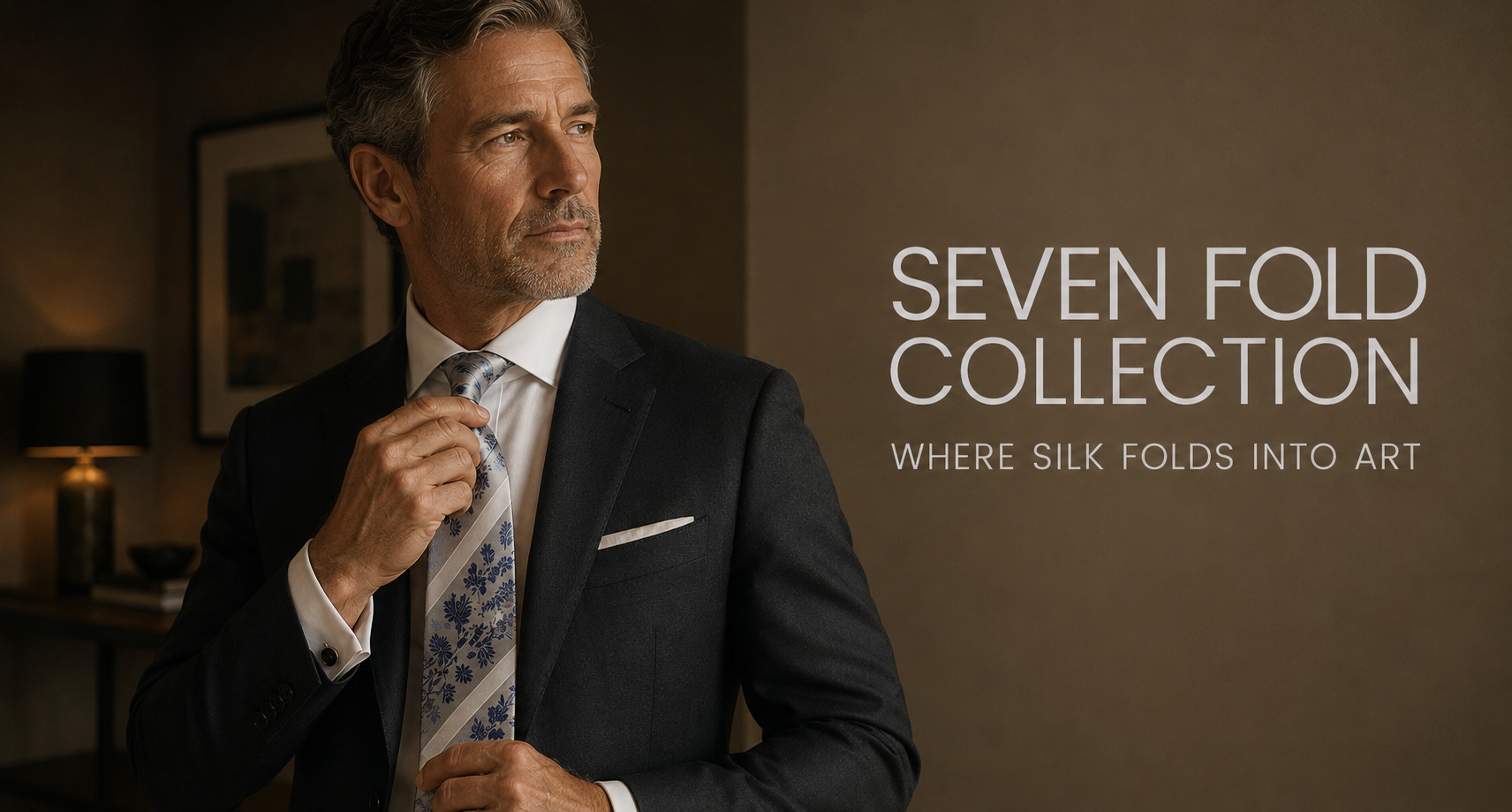 Man adjusting his tie in a room with 'Seven Fold Collection' text.