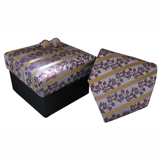“ORIENTAL FLORAL” SILK NECK TIE, MATCHING CUFFLINKS & GIFT BOX